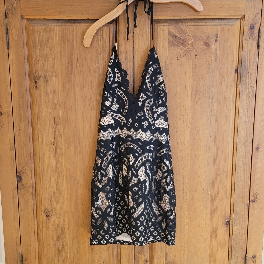 Lace Overlay Halter Dress